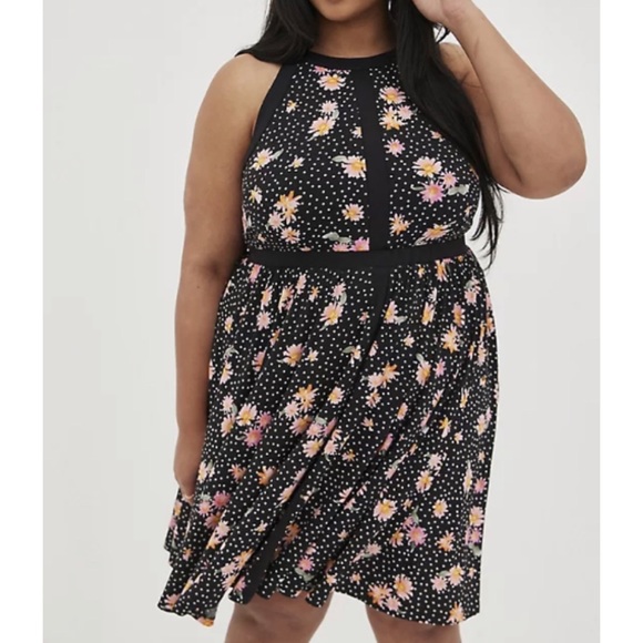 🆕 Black Floral Studio Knit Halter Skater Dress 3 3X 22 24 NWT Torrid New! - Picture 1 of 6